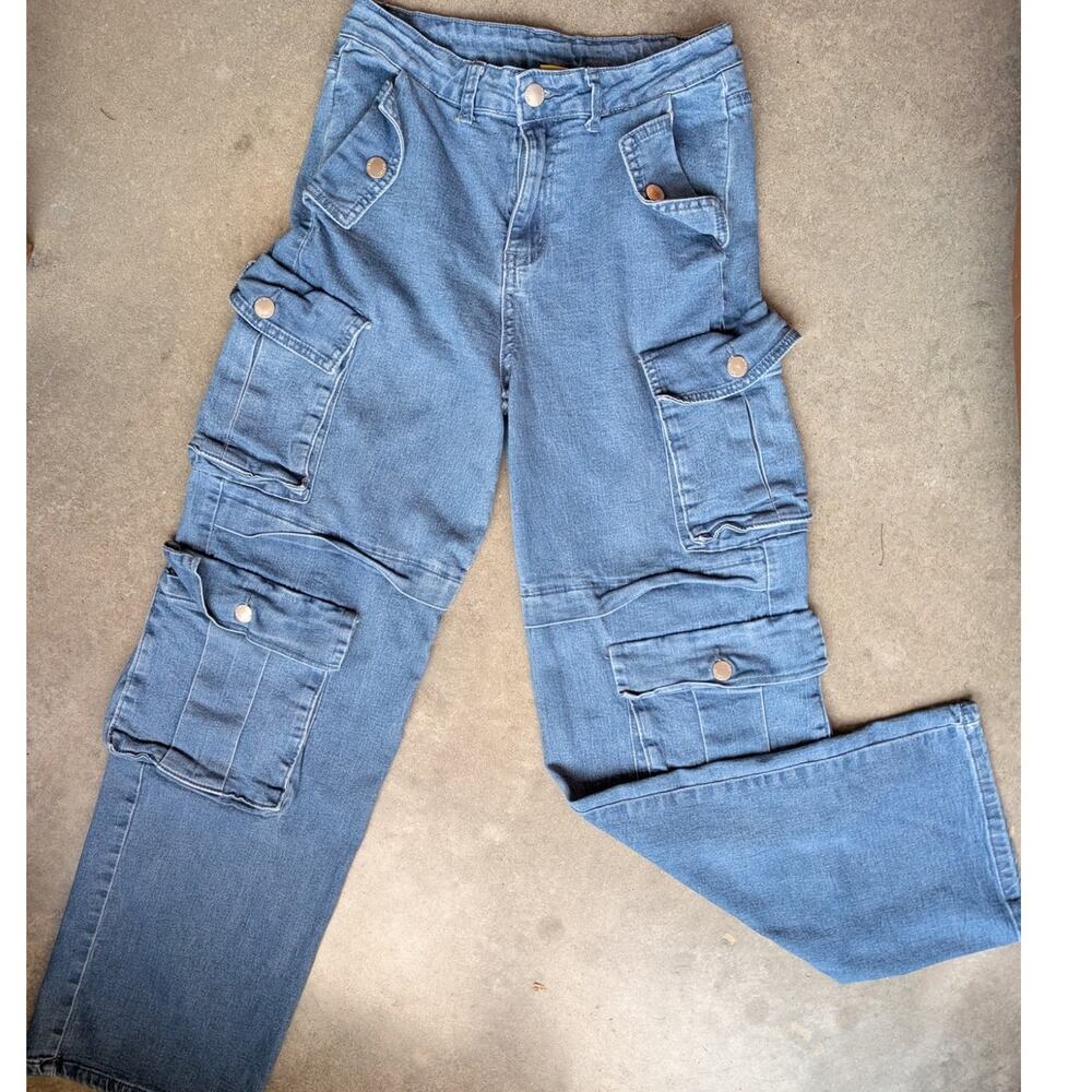 Daisy Y2K Wide Leg Cargo Jeans Size Medium Streetwear 90s Denim 27in Waist Blue
